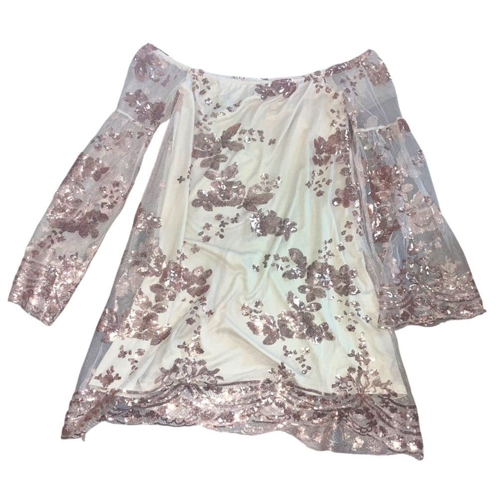 Southern Fried Chics Off The Shoulder Sequin Floral Mini Dress